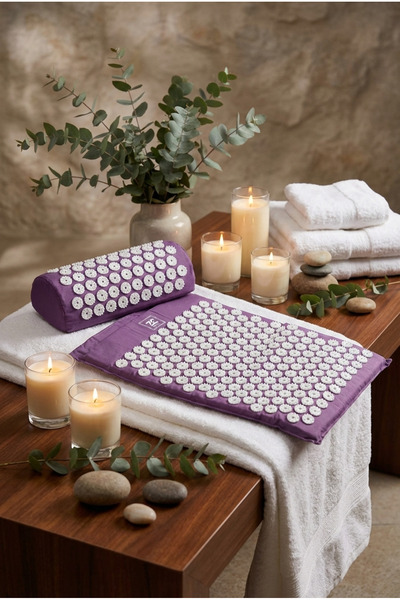 Sırt İçin Dikenli Çivimat Masaj Minderi | Akupunktur Yoga Pilates Mat Yastıklı Set -Mor