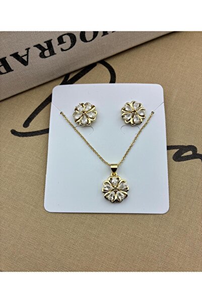 Hedef Bijuteri 14K Gold Renk Zirkon Taşlı Beş Yapraklı Çiçek Model Kolye Küpe...