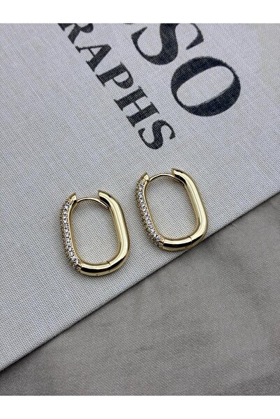 Hedef Bijuteri Zircon Stone Gold Color Oval Form Hoop Earrings Cm40