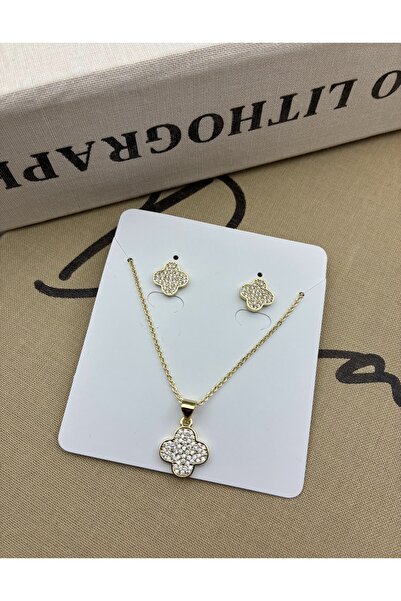 Hedef Bijuteri 14K Gold Renk Zirkon Taşlı Yonca Model Kolye Küpe Seti