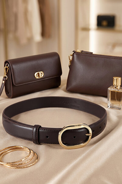 WilliamPolo Ασιατική γνήσια δερμάτινη γυναικεία ζώνη με χρυσή πόρπη σε καφέ χ...