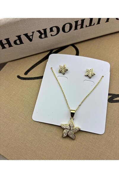 Hedef Bijuteri 14K Gold Renk Zirkon Taşlı Deniz Yıldızı Model Kolye Küpe Seti