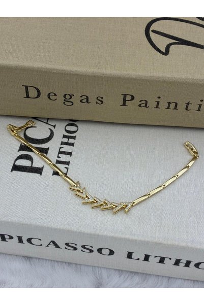 Hedef Bijuteri 14K Gold Renk Zirkon Taşlı Ortası V Detay Bileklik CM129