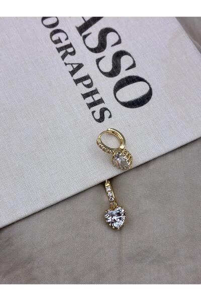 Hedef Bijuteri Zircon Stone Gold Color Dangle Heart Detailed Hoop Model Earri...