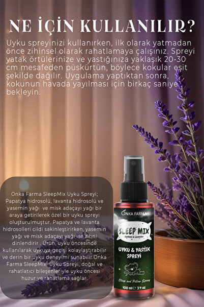 OnkaFarma SleepMix Uyku Yastık Spreyi 100 ml (Yasemin & Lavanta) Rahatlatıcı Dinlenme Spreyi Sleep Spray