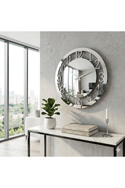 C TASARIM 40 cm Dekoratif Gümüş Aynalı Duvar Saati Yuvarlak Gümüş Ahşap Modern
