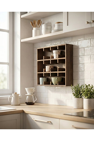 bevorev Dekoratif Ahşap Kupa Bardak Rafı, 12 Bölmeli Raf, Mutfak Rafı