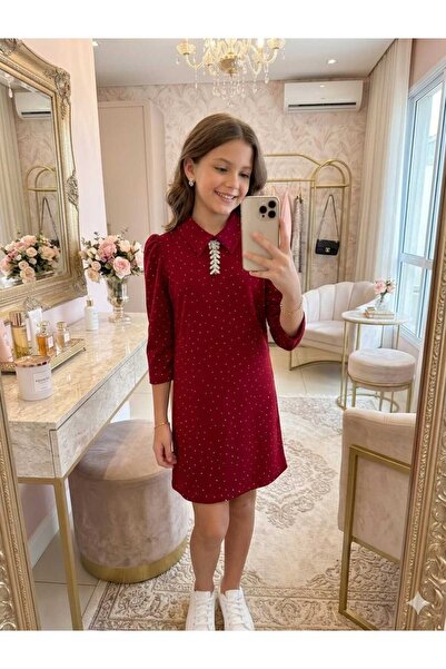 Hilal Akıncı Kids Κοριτσίστικο φόρεμα με πέτρινη καρφίτσα και λεπτομερή μανίκια