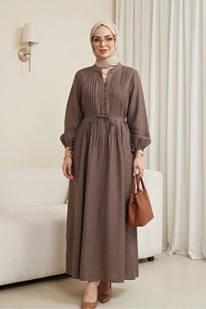 Modamorfo Half-Buttoned Ribbed Lace-Up Tencel Dress - Light Brown