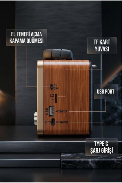 DEMPOWER Nostaljik Radyo Şarjlı Bluetooth Hoparlörlü Fenerli Taşınabilir USB & TF Kart Destekli