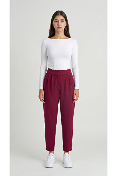 MODASPARK Burgundy High Waist Double Button Pocket Carrot Cut Pleated Women's...