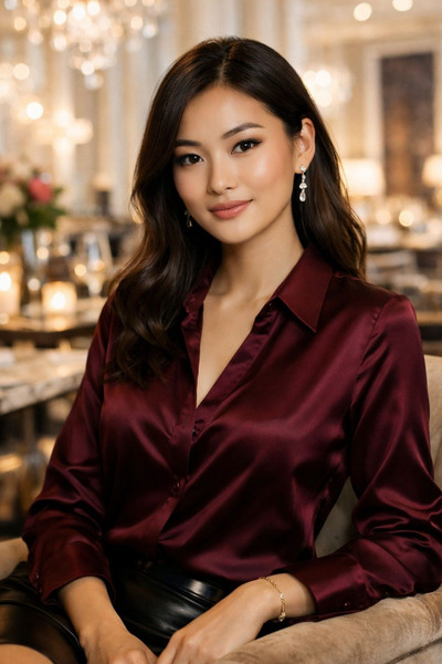 thesunfyre Γυναικείο μπορντό κομψό και casual μακρυμάνικο σατέν πουκάμισο με ...