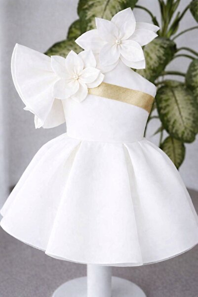 BİBEÇİK Kız Çocuk EKRU Çiçek Detaylı Tek Omuz Elbise