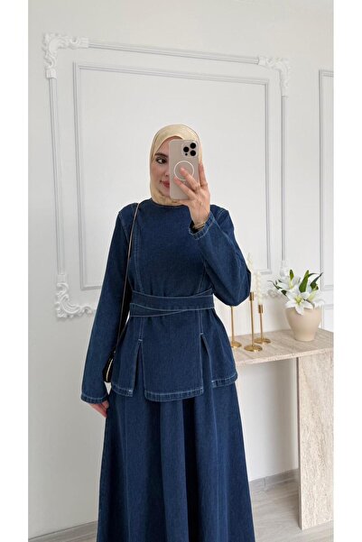 Molly Nelly Γυναικείο Σετ με Τζιν Φούστα σε Σκούρο Μπλε με Ζώνη στη Μέση