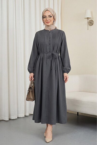 Modamorfo Half-Buttoned Ribbed Lace-Up Tencel Dress - Smoked