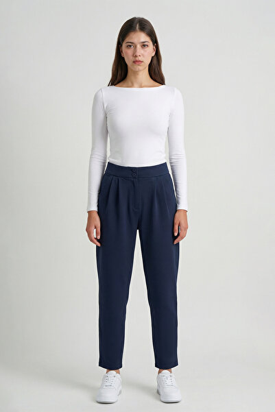 MODASPARK Navy Blue High Waist Double Button Pocket Carrot Cut Pleated Women'...