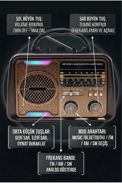 DEMPOWER Nostaljik Radyo Şarjlı Bluetooth Hoparlörlü Fenerli Taşınabilir USB & TF Kart Destekli