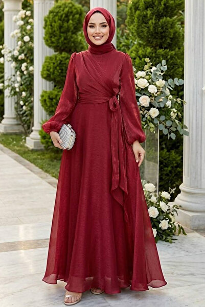 N.S NEVA STYLE Βραδινό φόρεμα με κόκκινο χιτζάμπ με πλαϊνή δέσμη 62191K