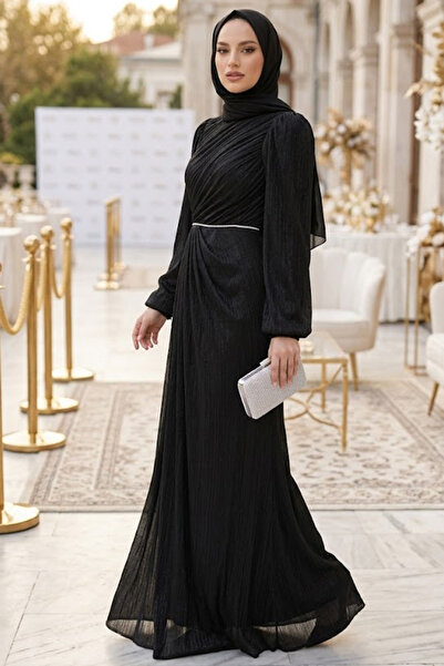 N.S NEVA STYLE Μαύρο Φόρεμα Τεσεττούρ με Ντραπέ Λεπτομέρεια 55172S