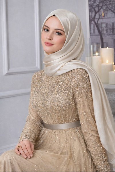 Olcay Satin Textured Janjanlı Evening Dress Shawl Taş 102