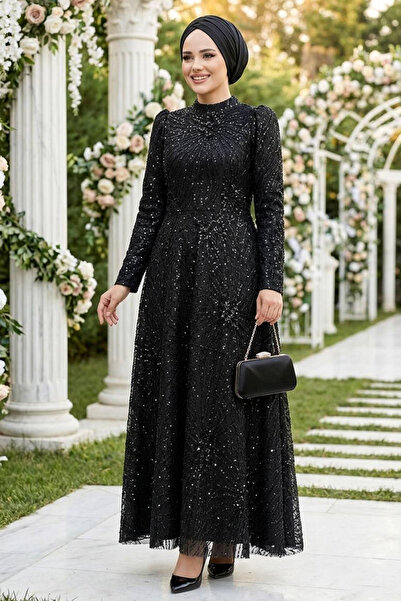 Neva Style Βραδινό φόρεμα με χάντρες μαύρο χιτζάμπ 50461S