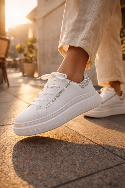 Shine Women's Sneaker Gold Detailed Thick Sole Premium Casual Shoes Comfortable Walking Shoes