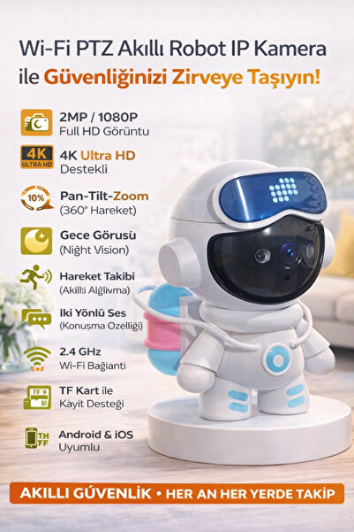CROW'S TECH Akıllı Robot IP Kamera 4K Ultra HD 360 Dönebilen Gece Görüşlü Akı...