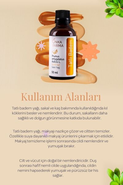 OnkaFarma Onka Farma %100 Saf Tatlı Badem Yağı - Soğuk Sıkım - 50 ml