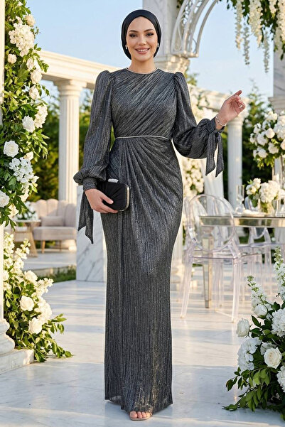 N.S NEVA STYLE Ασημένιο Φόρεμα Χιτζάμπ με Ντραπέ Λεπτομέρεια 55172GMS