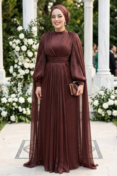 N.S NEVA STYLE - Καφέ Τζιλάτο Βραδινό Φόρεμα με Κάπα 5447KH