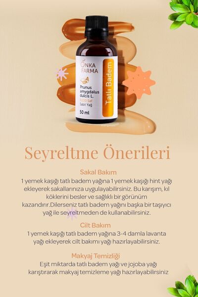 OnkaFarma Onka Farma %100 Saf Tatlı Badem Yağı - Soğuk Sıkım - 50 ml