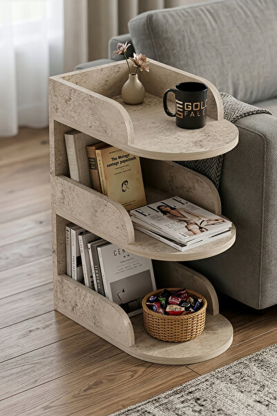 GOLDFALEZ Yan Sehpa Modern 3 Katlı Kitaplıklı Çok Amaçlı Dekoratif Sehpa Mini...