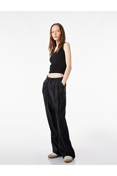 Koton Wide-Legged Fabric Trousers with Belted Lacing and Pocket Detail