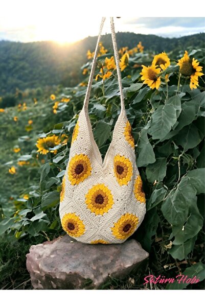 Satürn Hobi Örgü Ayçiçeği Motifli Astarlı Çanta