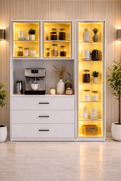 Setay Vitrinli Ünite, Liveo Kahve Köşesi + Çok Amaçlı Raflı Tek Kapaklı Dolap...