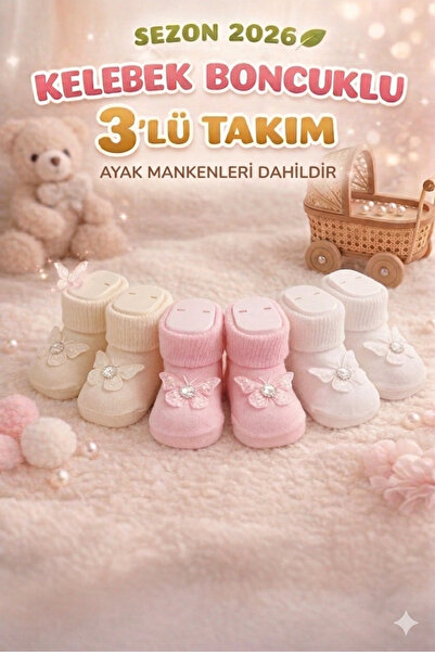 baby socks 6 Adet Ayak Mankenli Kelebek Boncuklu 3 Takım Bebek Çorabı Seti