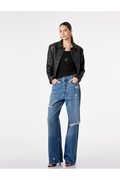 Koton Βαμβακερό φαρδύ τζιν παντελόνι με κανονική μέση γραμμή και λεπτομερείς ...