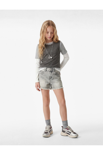 Koton Βαμβακερό τζιν σορτς με φαρδιά γραμμή, φούντες στα μπατζάκια και τσέπες