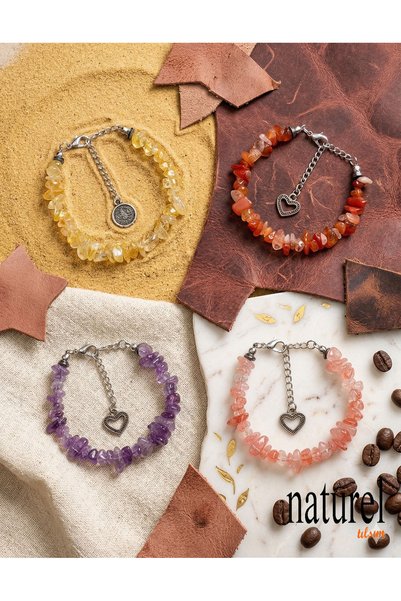 Naturel Tılsım Original Amethyst, Agate, Aventurine, Rose Quartz Cracked Natural Stone Lady Bracelet