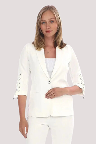 WHİTE DİAMOND Kadın Beyaz 3/4 Kol Kuşgözü Detaylı Blazer Ceket Pantolon Takım