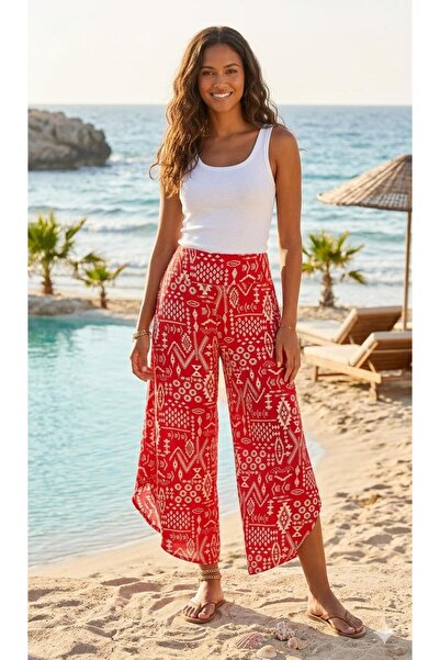 520CK Women's Red Ethnic Patterned Side Slit Viscose Pants - Bohemian Pants