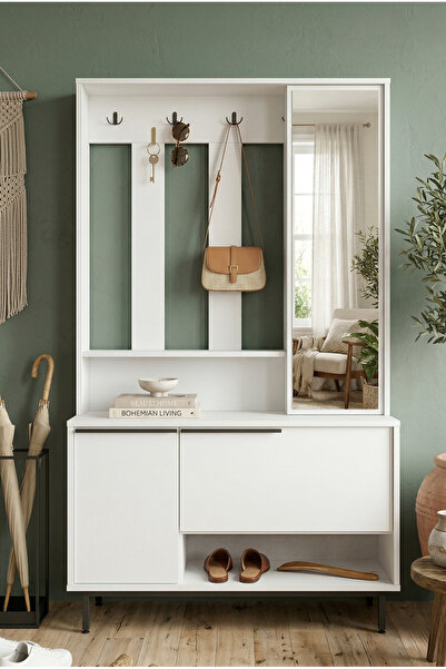 Robin Home Lidya Portmanto Vestiyer Ayakkabılık Aynalı Metal Ayaklı Beyaz