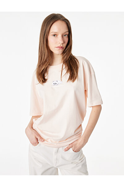 Koton Άνετο μπλουζάκι με κοντό μανίκι και λαιμόκοψη, βαμβακερό, με κέντημα γάτας