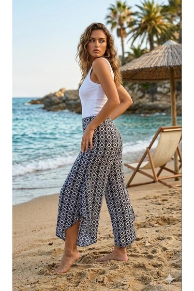520CK Women's Black and White Geometric Patterned Ruffled Wide Leg Pants / Bohemian Pants