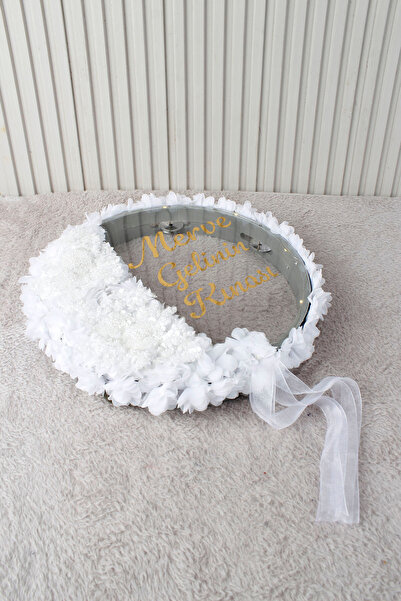 Mortex Beyaz Aplik ve 3D Çiçek Süsleme LED’li Şeffaf Gelin Tefi 32 cm Kına Dü...