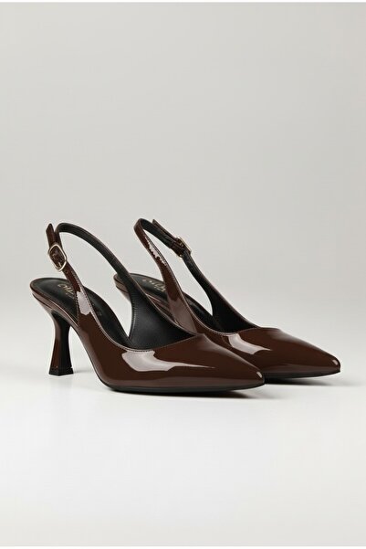 ALFHA Women's Bitter Brown Patent Leather Heeled Shoes Slingback Pointed Toe ...