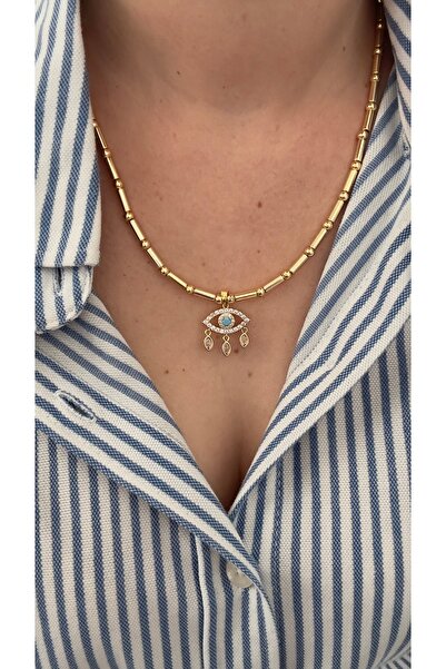 mibrillo Gold Tube Bead Detailed Necklace Summer Necklace Trendy Necklace
