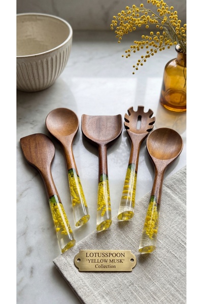 LOTUSSPOON Yellow Musk Serisi El Yapımı Akasya Ağacı 5 Parça Pişirme, Servis,...