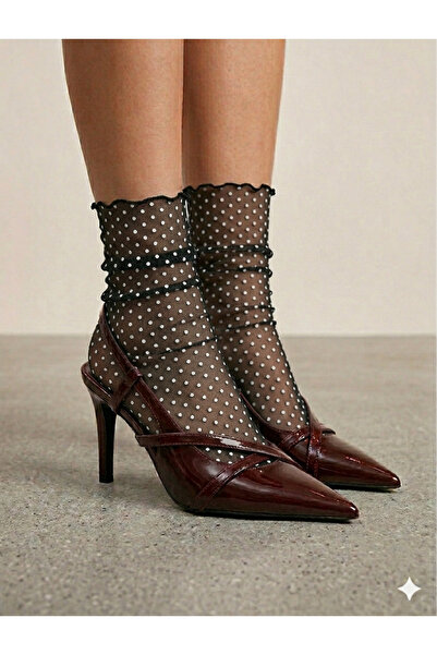 DİLARRA Boutique Küçük Beyaz Puantiyeli Siyah Tül Çorap