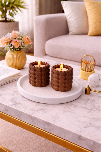 BUBUHOMEDECOR Tabaklı 2 ‘Li kalp dekoratif Mumluk kahverengi